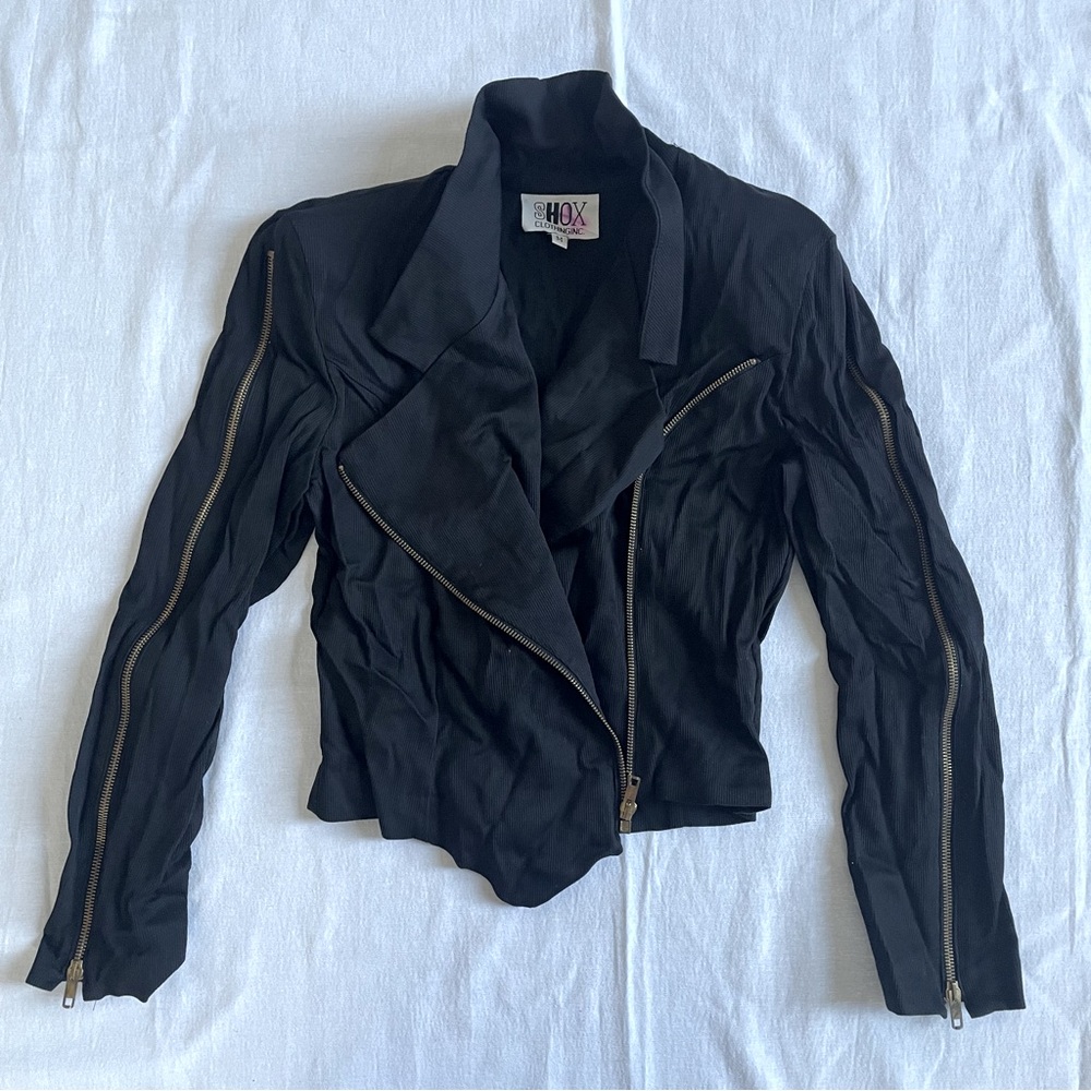 Shox Moto Jacket Asymmetrical Ziper Biker Blazer Ribbed Pointed Waist Womens M - Picture 2 of 8